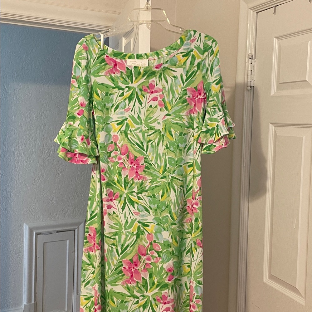Pappagallo Erika Dress Size Medium Ruffle Sleeve Tropical Floral Print